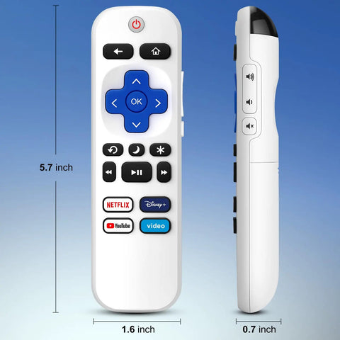 Two Replacement TV Remote Controls For TCL Onn Hisense Sharp Philips Westinghouse Insignia Element TLC Roku Ruko Ruku Roko Smart TVs Pack Of Two With Easy Setup And Wide Compatibility 1 Year Warranty showing front and side view dimensions