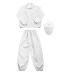 Snag This Kickass ESD Anti Static Lab Coat With Protective Hood And Secure Cuff Design Premium Conductive Polyblend Workwear Uniform. White workwear set with jacket, pants, and cap.