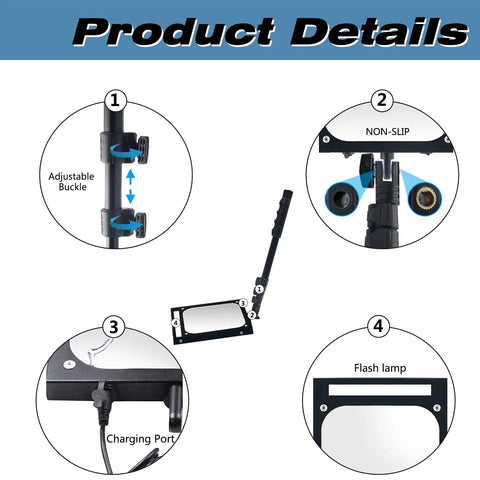 Product details of Rechargeable LED Under Vehicle Inspection Mirror With Adjustable Length showing adjustable buckle, non-slip feature, charging port, and flash lamp.