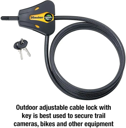 Keyed Alike Trail Camera Cable Locks 4 Pack With 8 Keys Adjustable Python Locks Camouflage Finish displayed with keys