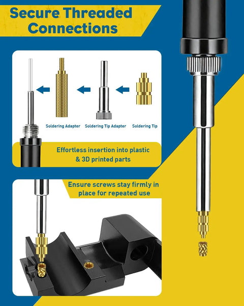 Diagram showing the use of 152 Piece M3 Heat Set Threaded Inserts For Plastic with Soldering Tip and Adapter for secure connections