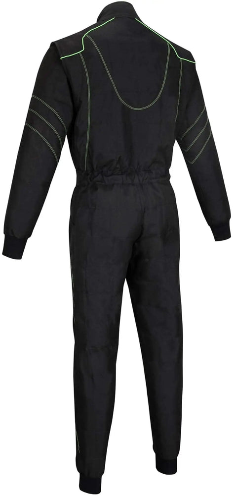 Back view of Go Kart Racing One Piece Cordura Suit For Adults Black XXL With Two Layer Comfort Inside Mesh Liner Velcro Collar.