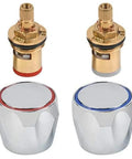 Upgrade Your Sink With This Hot Cold Faucet Tap Handle Knob Conversion Kit, Featuring Durable Copper Valve Reviver Heads For Easy 1/2 Inch Thread Replacement And Fresh Basin Washer Fixes That Fix Leaks Like Magic. copper faucet valve parts with red and blue knobs and brass stems