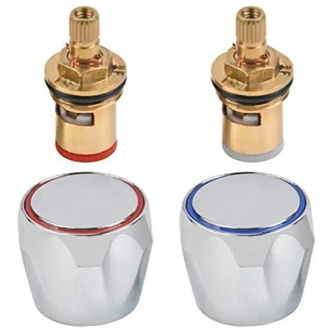 Upgrade Your Sink With This Hot Cold Faucet Tap Handle Knob Conversion Kit, Featuring Durable Copper Valve Reviver Heads For Easy 1/2 Inch Thread Replacement And Fresh Basin Washer Fixes That Fix Leaks Like Magic. copper faucet valve parts with red and blue knobs and brass stems