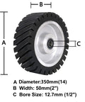 Heavy Duty 14 X 2 Inch Serrated Rubber Contact Wheel Featuring Precision Bearings, showing diameter and width measurements.