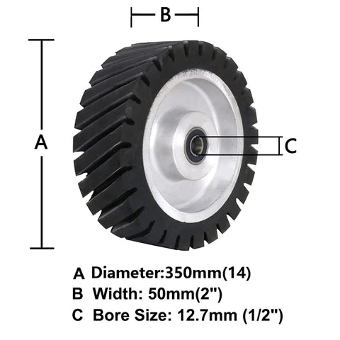 Heavy Duty 14 X 2 Inch Serrated Rubber Contact Wheel Featuring Precision Bearings, showing diameter and width measurements.