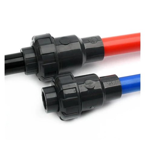 Single Union Check Valve 20mm To 110mm For Aquarium Garden Irrigation And Water Treatment Durable UPVC PVC Non Return Valve Prevents Backflow Easy Pipe Fit Plug And Play Plumbing Fittings black UPVC inline valve on red and blue pipes