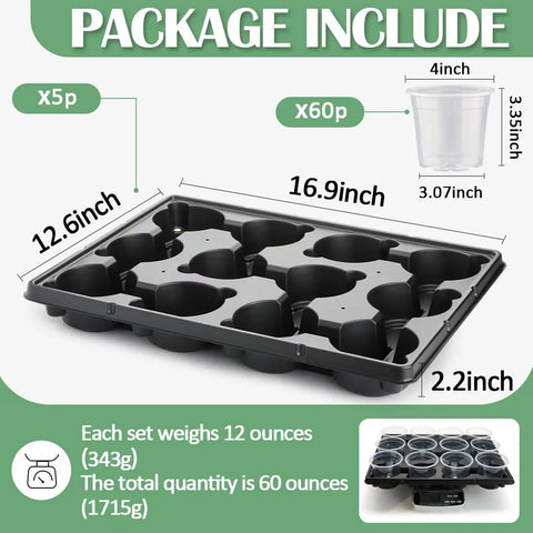 12 Cell Nursery Pot Trays Bundle With 4 Inch Clear Pots 60 Pack, Tough Thick Plastic Seed Starting And Germination Propagation Tray Kit, Black Small Planter For Home Garden, 5 Sets