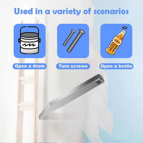 Image showing uses for EDC Pry Bars Set For Everyday Carry, Heavy Duty Stainless Steel Keychain Multitool for opening drums, screws, bottles.