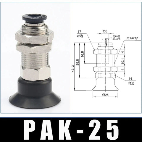 PAK Series Industrial Pneumatic Vacuum Suction Cup Chuck Rubber Sucker For Manipulator Equipment PAK-25 black rubber gripper with dimensions.