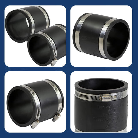 Flexible DWV Piping Coupling 3 Inch Black For Cast Iron Copper Plastic And Schedule 40 Steel, Leak Proof Rot Proof Sealed Connector For Non Pressure Drain Waste And Vent System, shown with clamps