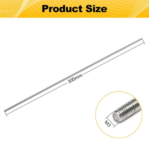 M3 x 0.5mm fully threaded stainless steel rod, 300mm length, right-hand threads