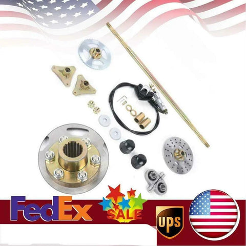 Upgraded 740mm Go Kart Rear Axle Complete Kit with Brake Assembly without Chain Sprocket, including discs and hardware