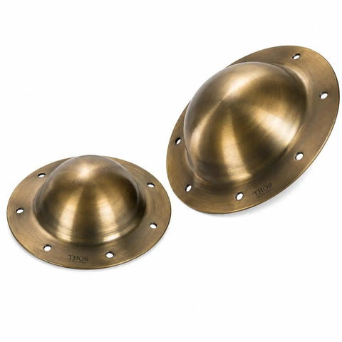 Two Medieval Viking Shield Boss Umbo crafted from 14 gauge steel with antique brass finish, featuring 8 mounting holes.