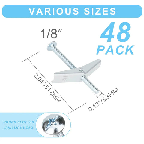 Heavy Duty Drywall Anchors 48 Piece Toggle Bolt And Butterfly Kit 1 8 Inch steel wing with screw for mounting.