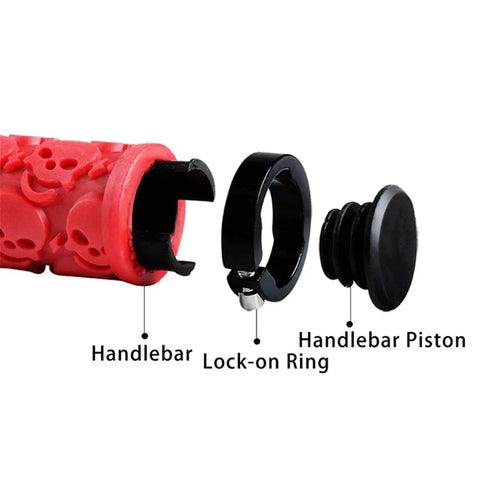 Exploded view of Skull Style Lock On Bicycle Handlebar Grips Set Soft Rubber Anti Slip For Mountain And BMX Bikes with lock-on ring