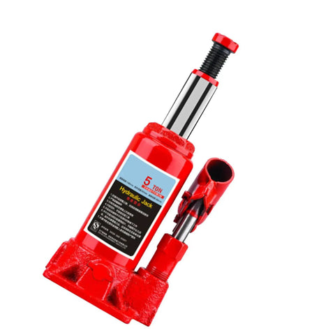 Heavy Duty 5 Ton Hydraulic Bottle Jack For Cars And Trucks, red steel hydraulic jack with vertical design for lifting vehicles.