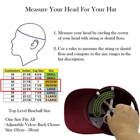 Size chart and measurement guide for Customizable Adjustable Baseball Cap For Men And Women With Your Text Logo Or Image.