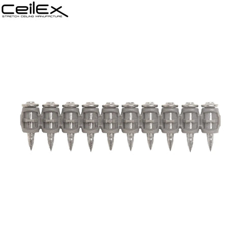 1000-Count Collated Concrete Nails 3/4 Inch For BX3 Cordless Nailer shown on a strip, beefy carbon steel, 3mm thick, corrosion protected