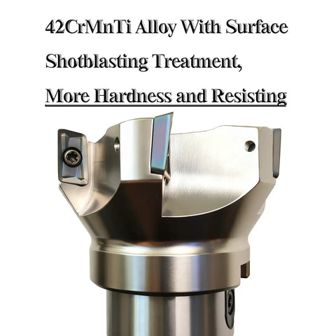 Close-up of R8 Shank Two Point Five Inch End Mill with Replaceable Carbide Inserts, 42CrMnTi alloy, for heavy-duty metalwork.