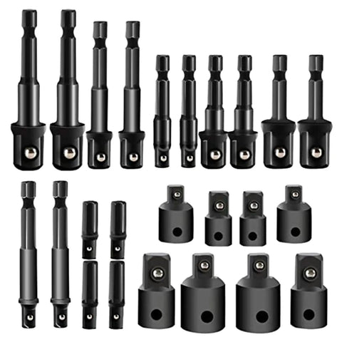 Check out this 24 Piece Chrome Steel Socket Adapter Kit With Secure Detent Balls Perfect For Your Cars And Trucks To Tackle Any Project Without Breaking The Bank Or Lugging Heavy Gear Around. Black chrome steel socket adapter set with 24 drive sizes and detent balls
