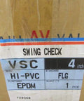 Rock Solid 4 Inch Swing Check Valve Hi PVC Body label showing 100 PSI rating and EPDM seals for plumbing use.