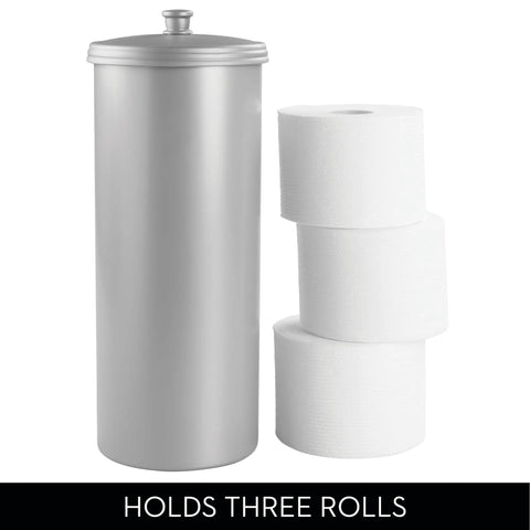 Discreet Floor Standing Toilet Paper Holder With Lid For 3 Extra Rolls In Silver shown with three toilet rolls
