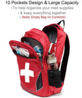 Red Camoredy first aid bag backpack with white cross, front view shows multiple pockets and side bottle pocket.