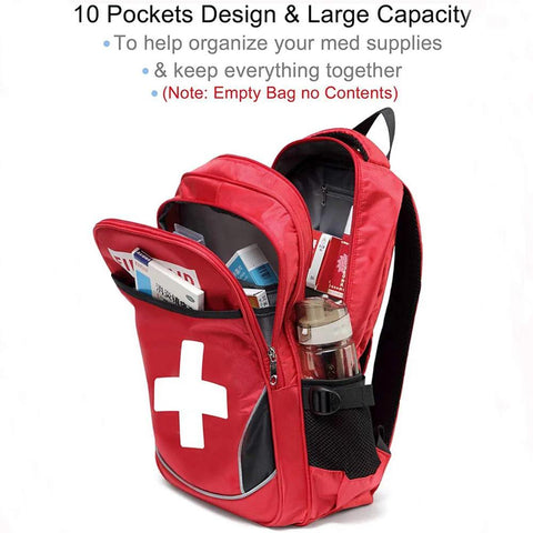 Red Camoredy first aid bag backpack with white cross, front view shows multiple pockets and side bottle pocket.