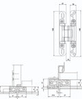 Adjustable Hidden Door Hinge 140Mm Silver 2 Piece Set Heavy Duty Concealed Cabinet Hardware technical drawing with dimensions