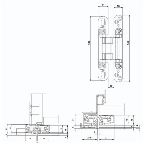Adjustable Hidden Door Hinge 140Mm Silver 2 Piece Set Heavy Duty Concealed Cabinet Hardware technical drawing with dimensions