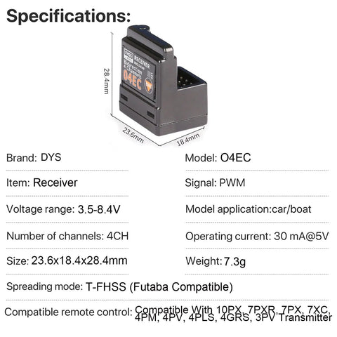 4CH 2.4GHz RC Receiver With SBUS2 And 8.4V High Voltage Internal Antenna, T-FHSS compatible, showing dimensions and specs
