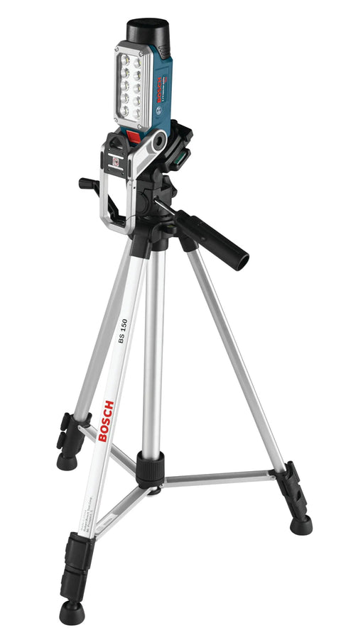 12V Max LED Work Light Bare Tool FL12 with 10 Bright LEDs mounted on tripod, showing articulation and dual magnets in job site use