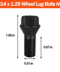 BMW M14x1.25 Wheel Lug Bolts Set 5 Pack Black Steel Locking Lug Nuts Compatible With F30 F35 F10 F25 X3 E70 X5 Replacement OEM 36136781150 36136781151, showing dimensions.