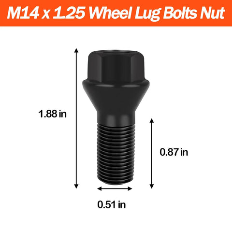 BMW M14x1.25 Wheel Lug Bolts Set 5 Pack Black Steel Locking Lug Nuts Compatible With F30 F35 F10 F25 X3 E70 X5 Replacement OEM 36136781150 36136781151, showing dimensions.