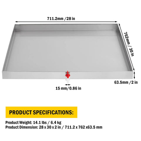 Heavy Duty 28 By 30 Inch Stainless Steel Washing Machine Drain Pan With Four Anti Vibration Feet Floor Saver, with dimensions