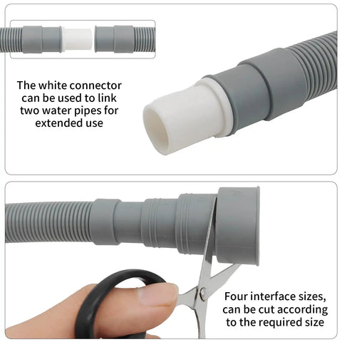 No Sweat 10 Foot Washing Machine Drain Hose Extension Kit With Universal Couplers showing gray tubing and white connector for linking.
