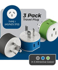 Type I Travel Power Plug Adapter With 2 USA Inputs For Australia New Zealand And China Safe Grounded 3 Pack Works With Phones Laptops Cameras CPAP And More Must Have in three colors