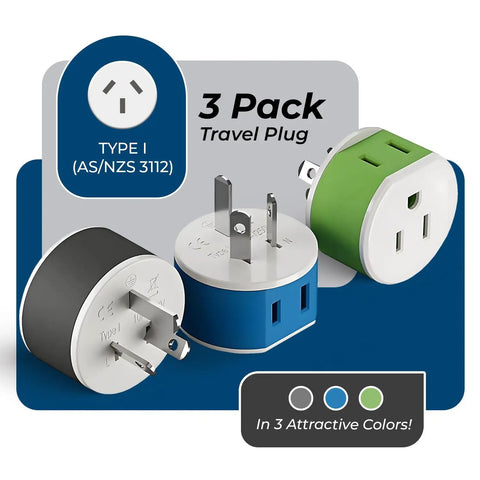 Type I Travel Power Plug Adapter With 2 USA Inputs For Australia New Zealand And China Safe Grounded 3 Pack Works With Phones Laptops Cameras CPAP And More Must Have in three colors