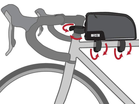 Illustration of Ride Ready Top Tube Frame Bag 1L Gas Tank Style Bike Bag With Waterproof Zippers attached to bicycle frame.
