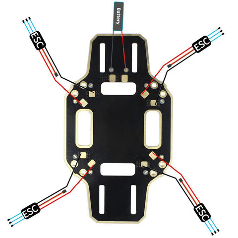 Top view of a 330mm 4 Axis Quadcopter Drone Frame Kit for DIY Drones with integrated PCB connections and ESC labels.