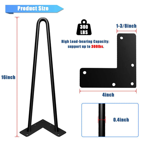 Hairpin Leg Set 16 Inch Black Metal Table Legs With Rubber Floor Protectors detailed measurement and load capacity