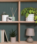 Bookshelf with plants and decor against Black Faux Beadboard Peel And Stick Wallpaper Removable And Repositionable Self Adhesive No Mess Easy DIY Wall Decor 20.5 Inch By 16.5 Foot Made In The USA