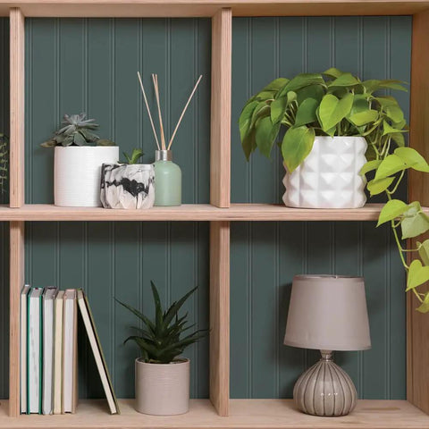 Bookshelf with plants and decor against Black Faux Beadboard Peel And Stick Wallpaper Removable And Repositionable Self Adhesive No Mess Easy DIY Wall Decor 20.5 Inch By 16.5 Foot Made In The USA