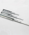 Smooth Glide Drawer Slide System With Three Rails Guide Rail For 16 Inch Cabinets Kitchen Office Or Workshop Open Effortlessly Close Quiet No Jamming Durable Metal Hardware, four metal rails displayed horizontally.