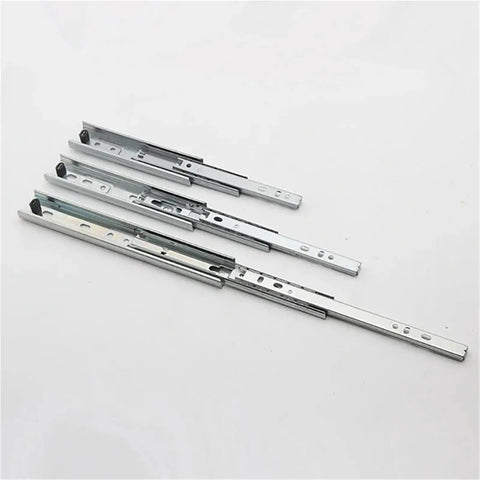 Smooth Glide Drawer Slide System With Three Rails Guide Rail For 16 Inch Cabinets Kitchen Office Or Workshop Open Effortlessly Close Quiet No Jamming Durable Metal Hardware, four metal rails displayed horizontally.