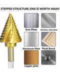 Dang Tough Heavy Duty Titanium Coated HSS Step Drill Bit Set With Triangular Shank for drilling iron, stainless steel, aluminum, wood, and copper.