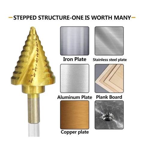 Dang Tough Heavy Duty Titanium Coated HSS Step Drill Bit Set With Triangular Shank for drilling iron, stainless steel, aluminum, wood, and copper.