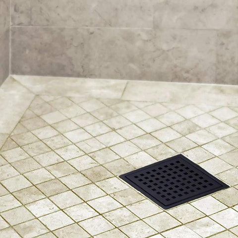 6 Inch Stainless Steel Shower Floor Drain With Threaded Adapter And Removable Grid Cover With Slick Matte Black Finish