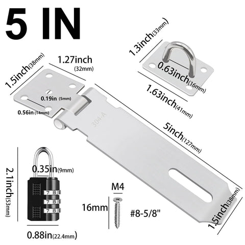 2 Pack 5 Inch 304 Stainless Steel Hasps Latch Set with Screws for Gates Doors Cabinets and Closets, dimensions displayed